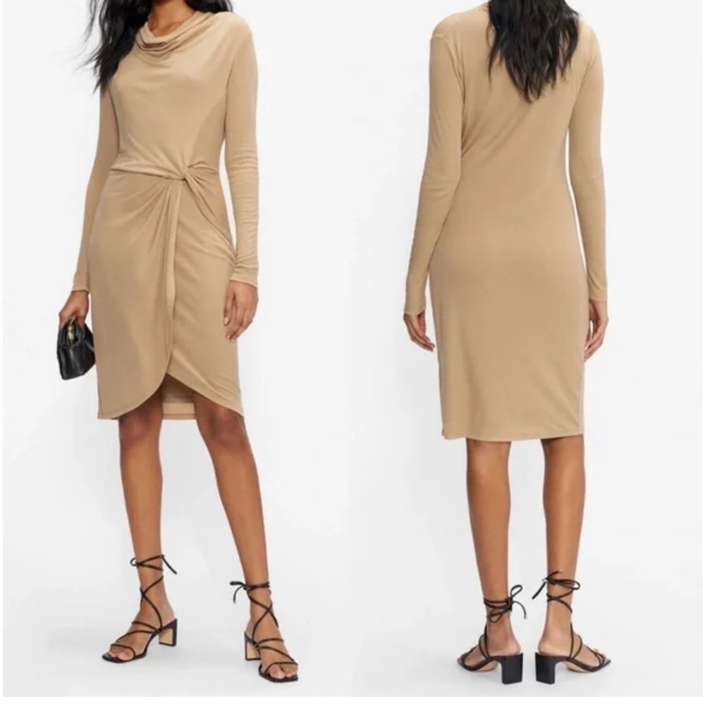Ted Baker London Neyda Camel Sweater Dress Draped Long Sleeve Dress